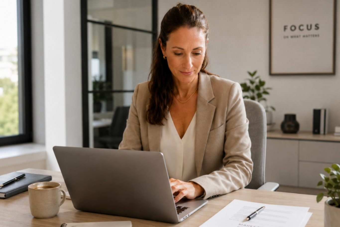 Persönliche Betreuung bei der Website-Erstellung – Webdesignerin arbeitet in modernem Büro am Laptop an individuellen Webdesign-Projekten.
