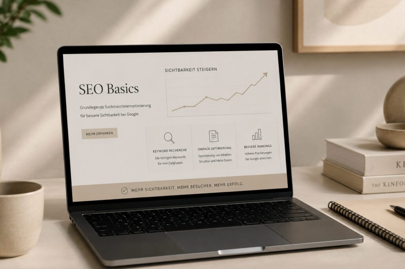 Laptop mit moderner SEO-Übersicht auf einer stilvollen Website. Die Darstellung symbolisiert grundlegende Suchmaschinenoptimierung 