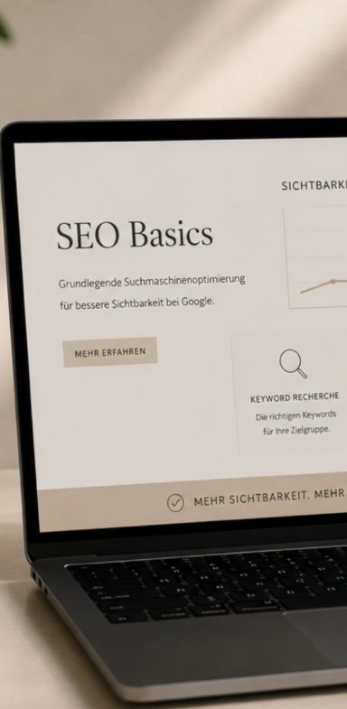 Laptop mit moderner SEO-Übersicht auf einer stilvollen Website. Die Darstellung symbolisiert grundlegende Suchmaschinenoptimierung 