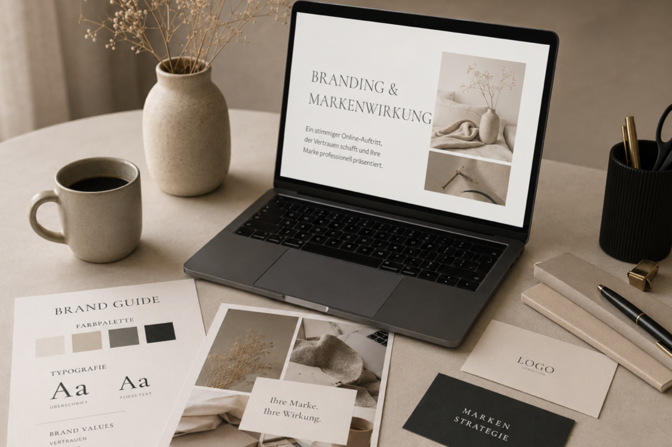 Branding- und Markenstrategie-Arbeitsplatz mit Laptop, Farbpalette und Designmaterialien für professionelles Webdesign und Markenwirkung.
