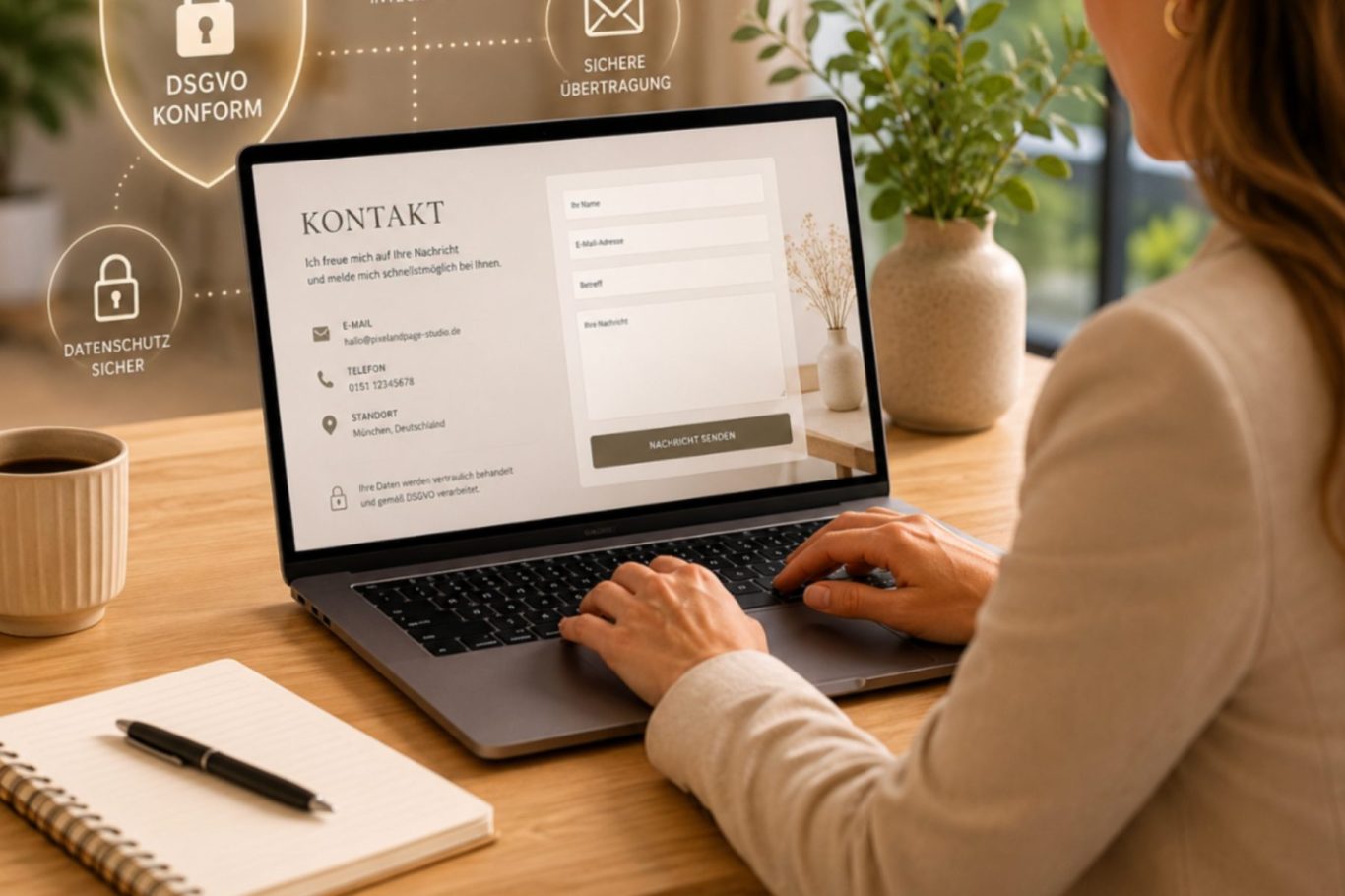 DSGVO-konformes Kontaktformular auf modernem Laptop in stilvoller Arbeitsumgebung – professionelle Kontaktintegration für moderne Websites.