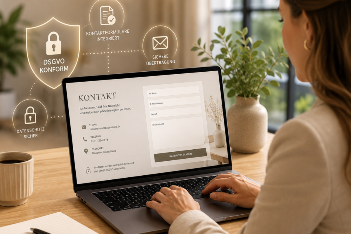 DSGVO-konformes Kontaktformular auf modernem Laptop in stilvoller Arbeitsumgebung – professionelle Kontaktintegration für moderne Websites.