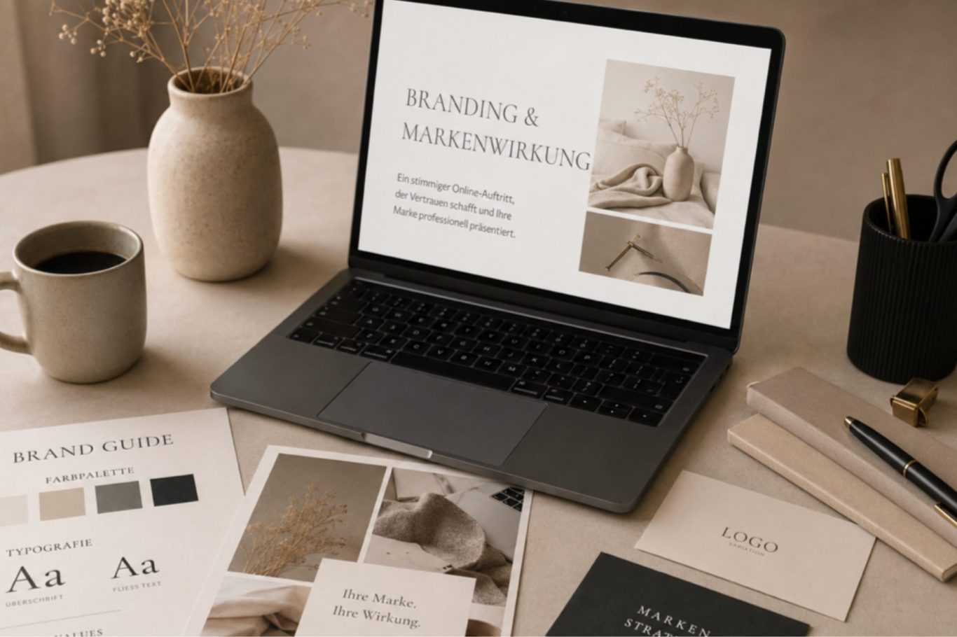 Branding- und Markenstrategie-Arbeitsplatz mit Laptop, Farbpalette und Designmaterialien für professionelles Webdesign und Markenwirkung.