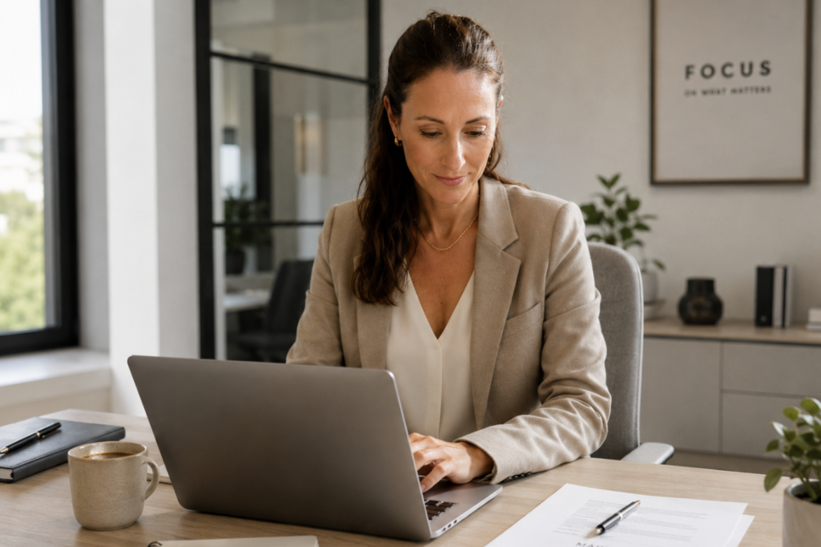 Persönliche Betreuung bei der Website-Erstellung – Webdesignerin arbeitet in modernem Büro am Laptop an individuellen Webdesign-Projekten.