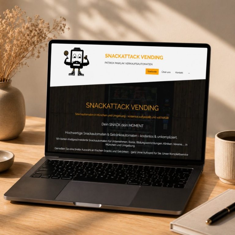 Laptop zeigt eine Referenzseite von Snackattack Verding, designt von Pixel & Page Studio München 