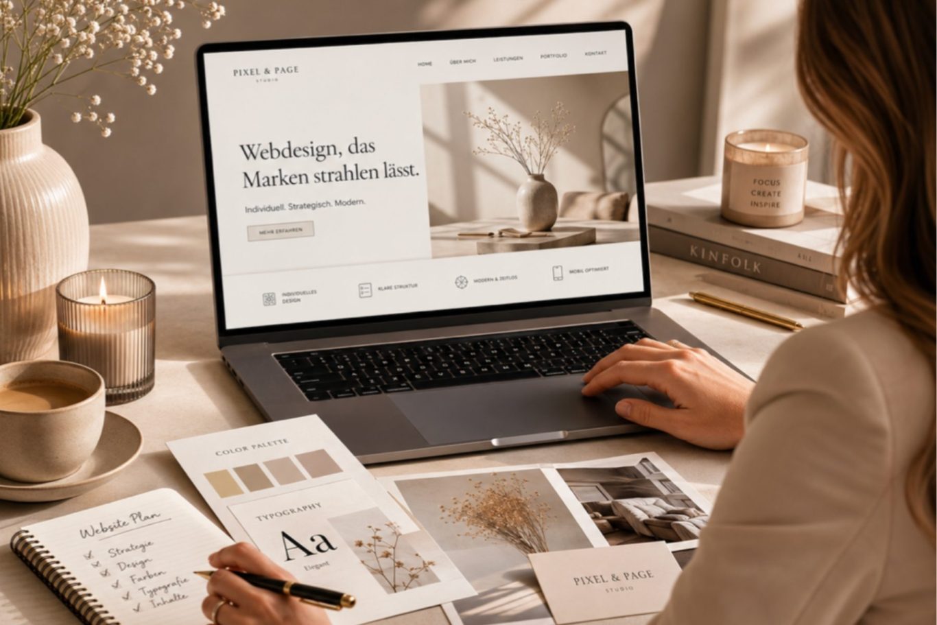 Laptop  zeigt eine moderne Website mit stilvollem Webdesign in neutralen Beige- und Sandtönen. Die responsive Darstel