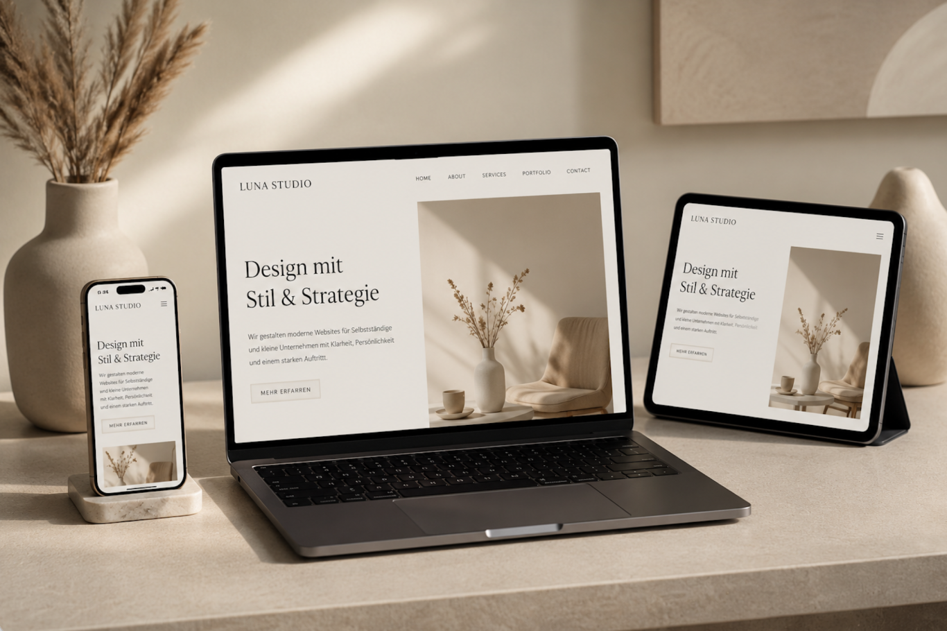 Laptop, Tablet und Smartphone zeigen eine moderne Website mit stilvollem Webdesign in neutralen Beige- und Sandtönen. 