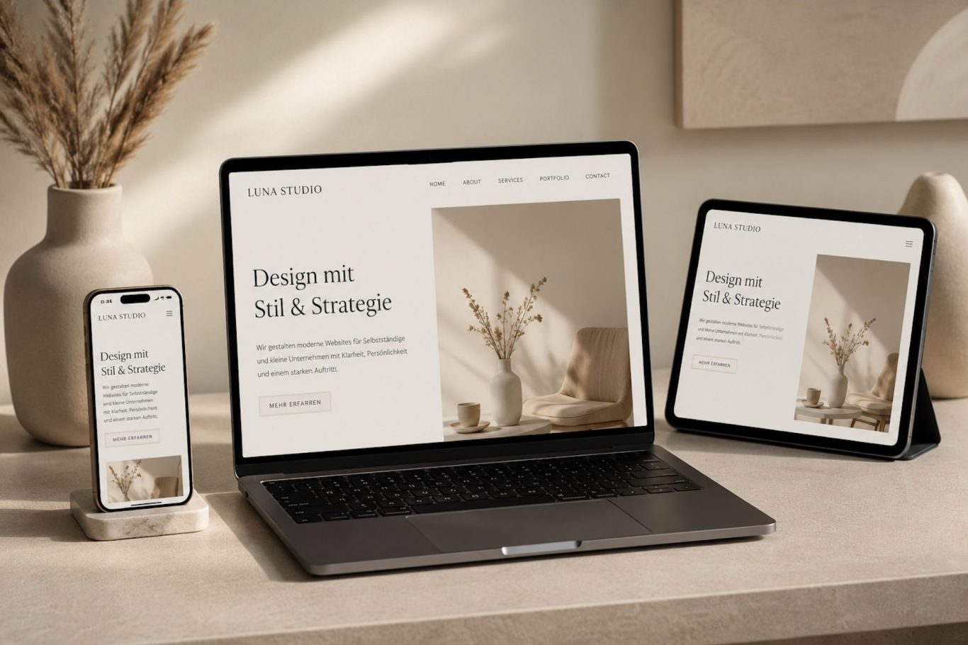 Laptop, Tablet und Smartphone zeigen eine moderne Website mit stilvollem Webdesign in neutralen Beige- und Sandtönen. 