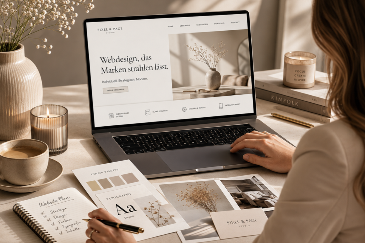 Laptop  zeigt eine moderne Website mit stilvollem Webdesign in neutralen Beige- und Sandtönen. Die responsive Darstel